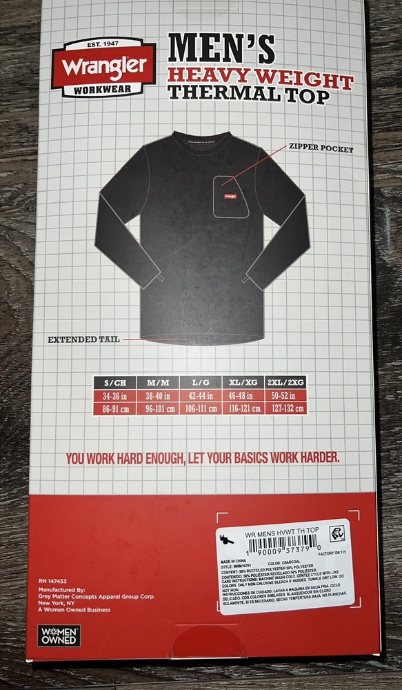 Wrangler Thermal Top Shirt Base Layer Long John Gray Waffle Polyester ~ 2XL