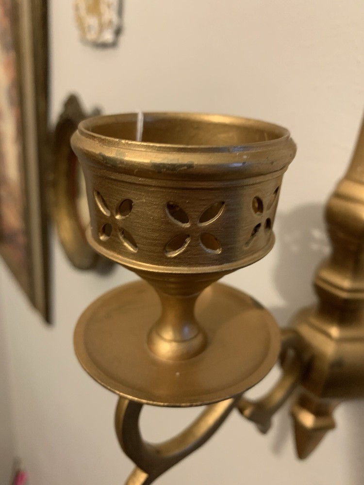 2 Solid Brass Wall Sconce Candle Holders, Filigree Detail ,8.5”H, India