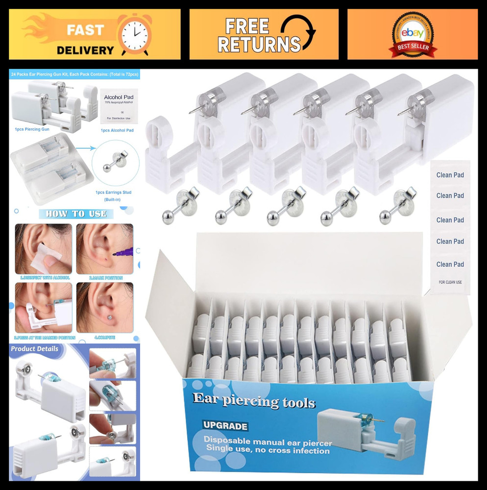 Ear Piercing Gun Kit - 72Pcs Disposable Self Ear Piercing with Earrings & Clean