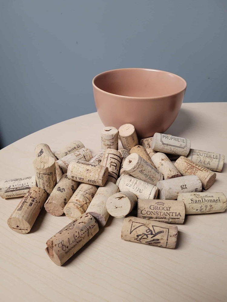 30 Used Wine Corks & Ceramic Bowl Fall Kitchen Decor Upcycle Wedding