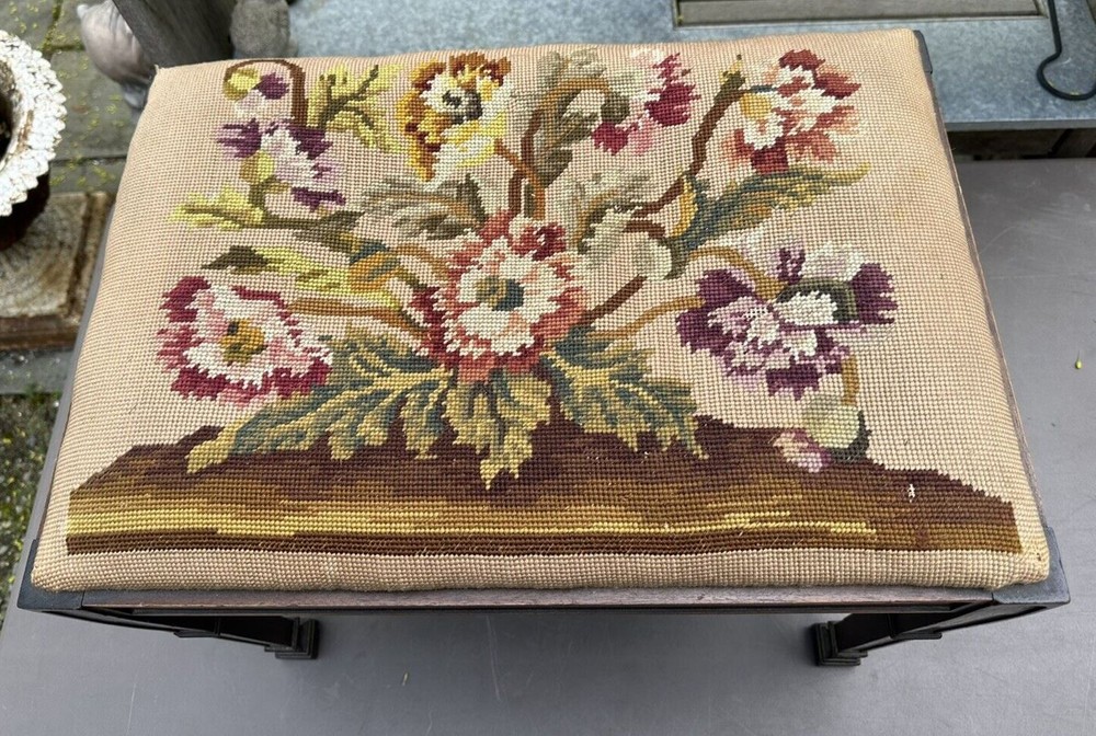 Vintage Antique Walnut Vanity Footstool with Needlepoint Seat
