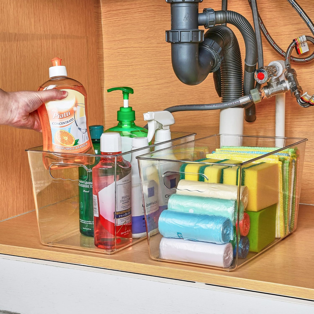 6 PCS Clear Plastic Storage Bins, Pantry Organizer Containers with Handle for...