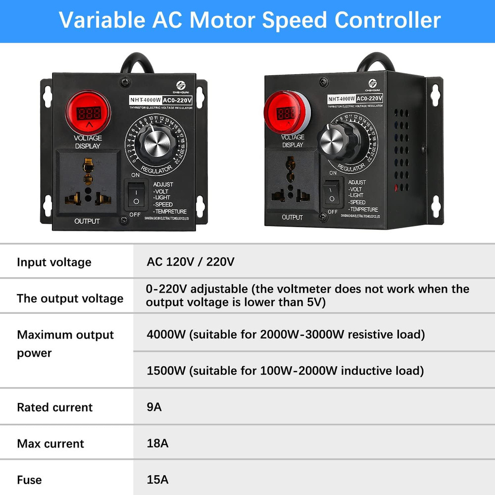 AC Variable Speed Controller, 120V~220V 15A 4000W SCR Voltage Controller for Rou
