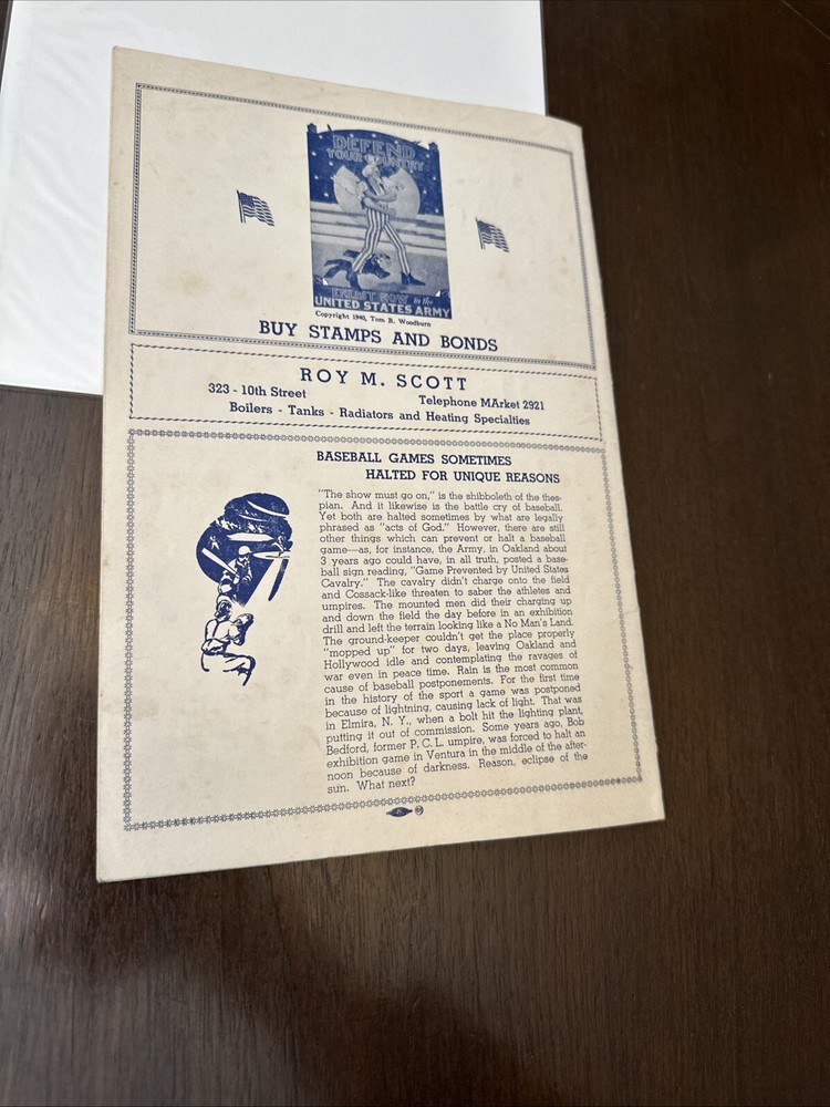 1942 Program Sam Francisco Seals vs Hollywood Stars Scored