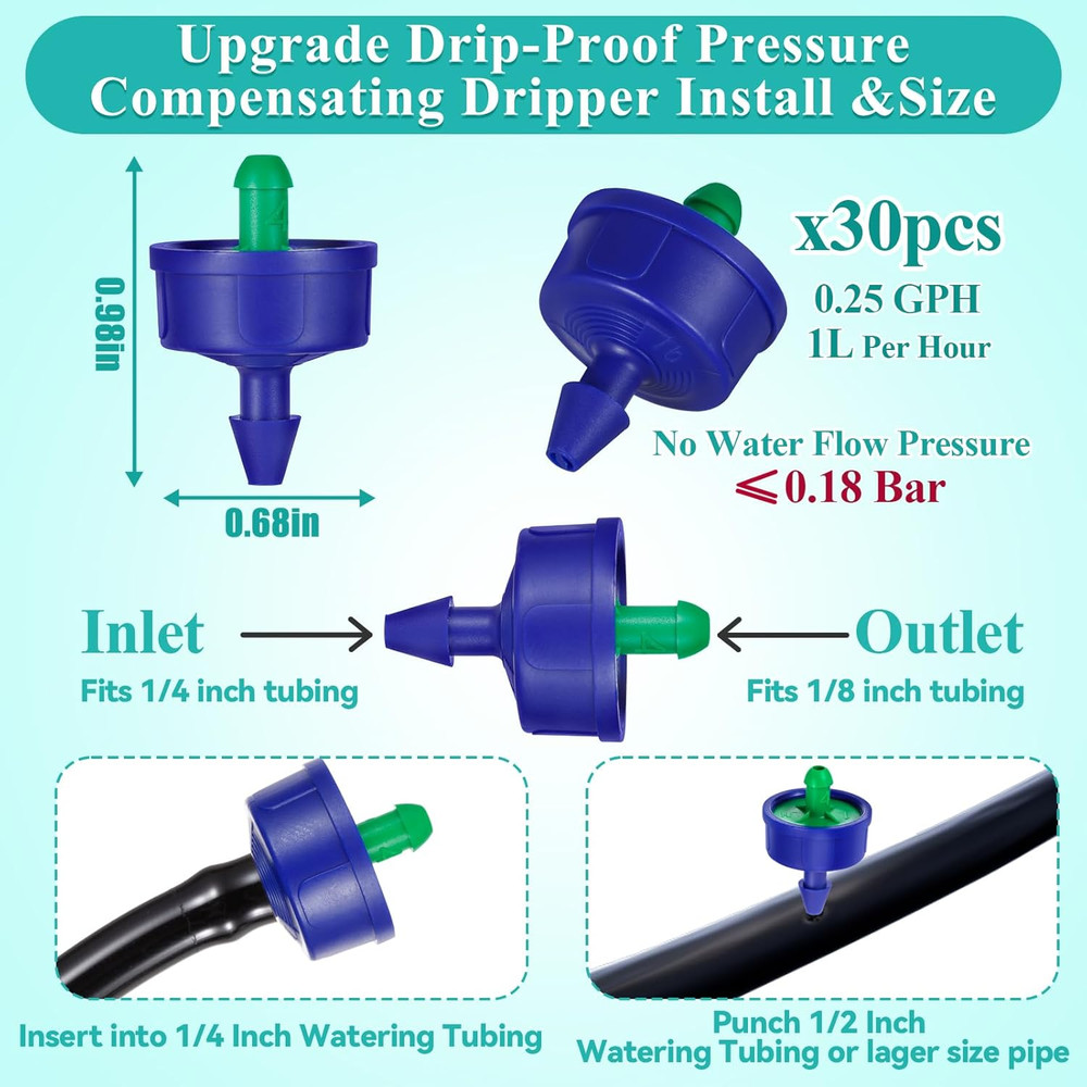 Upgrade Leak-Proof 30Pcs 0.25 GPH Pressure Compensating Drip Emitters, Constant