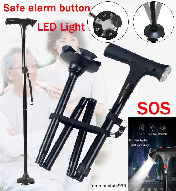 Folding Adjustable Walking Stick Cane with LED Torch & Alarm button Strap Handle