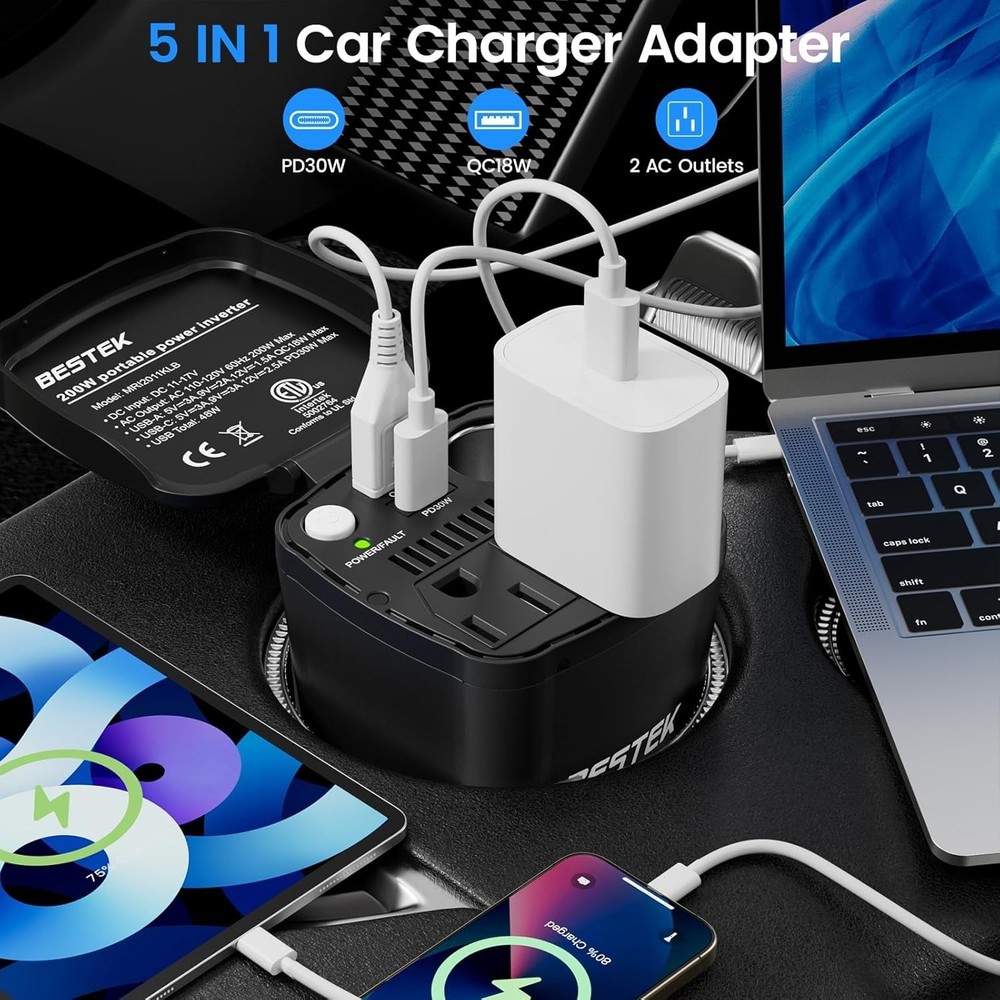 Portable 200W Car Plug Adapter with Fast Charging