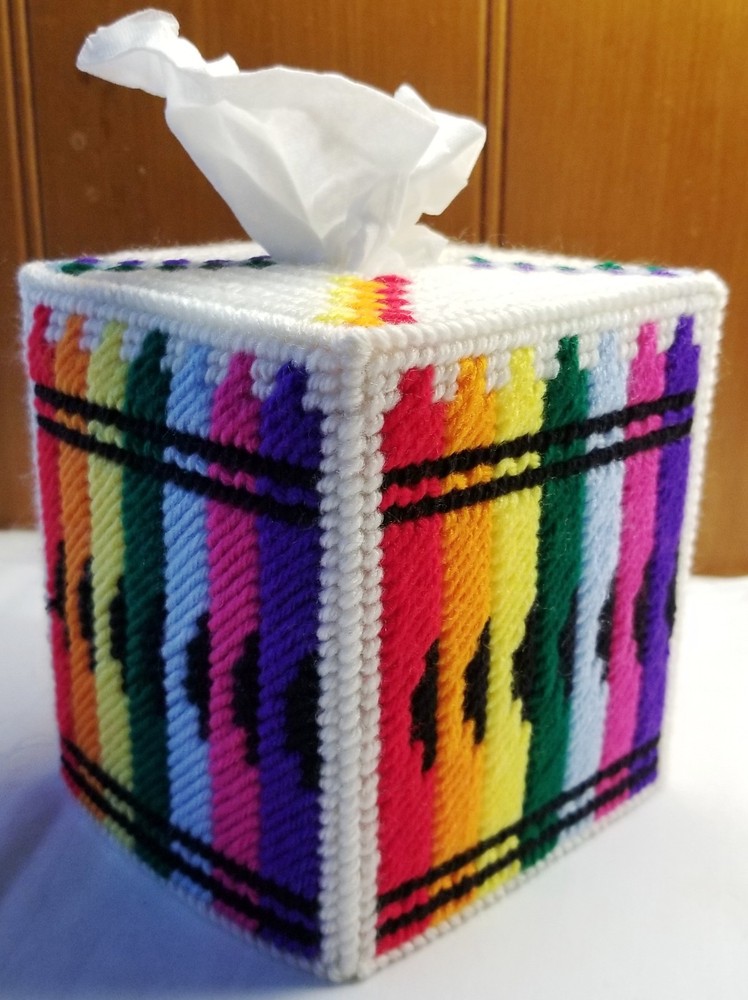"Crayons" Tissue Box Cover (Plastic & Yarn) Finished
