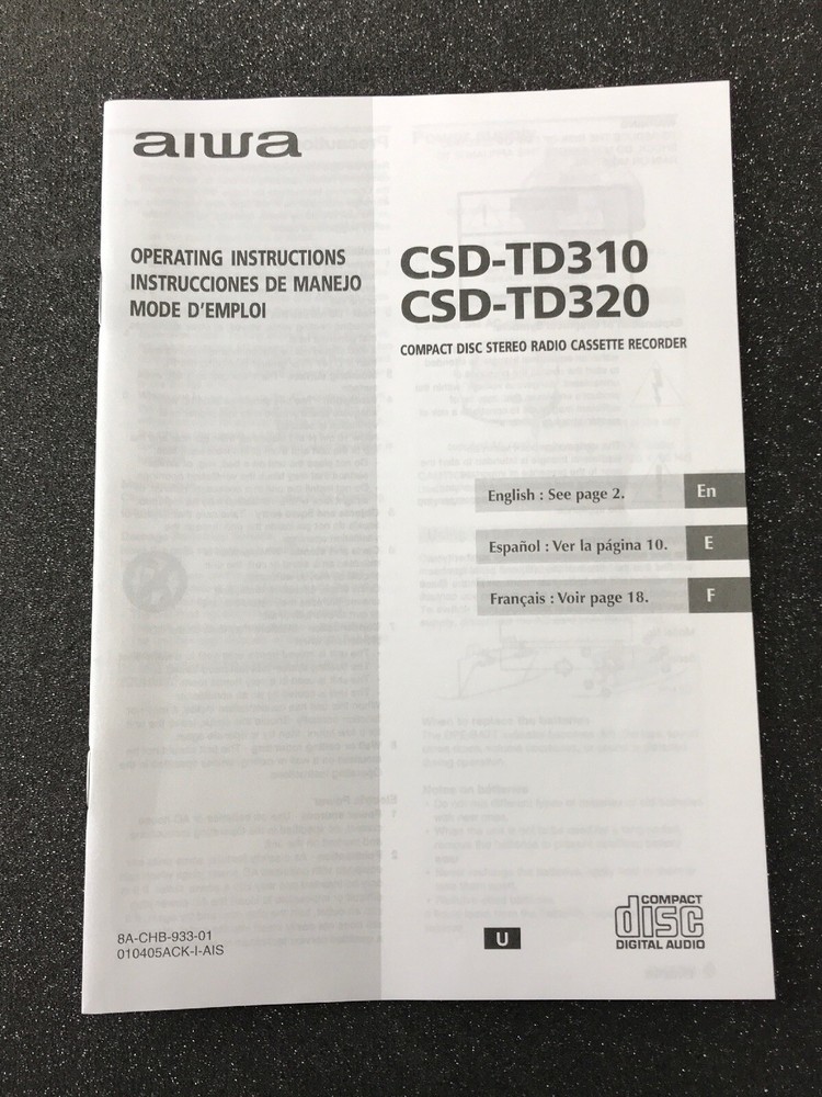AIWA CSD-TD310 CSD-TD320 Operating Instructions Manual - NEW