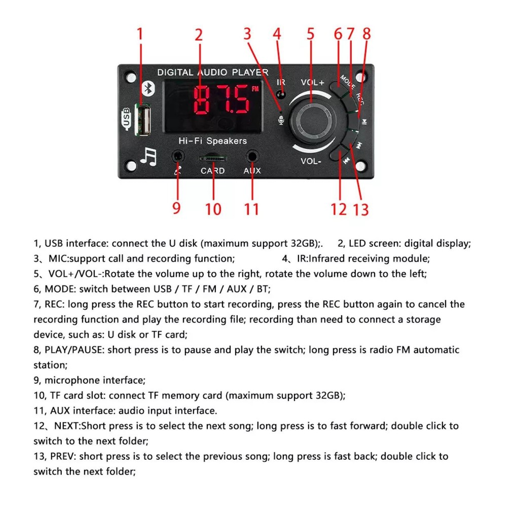 MP3 Decoder Board 2*50W Bluetooth Amplifier Car Audio Player FM Radio AUX