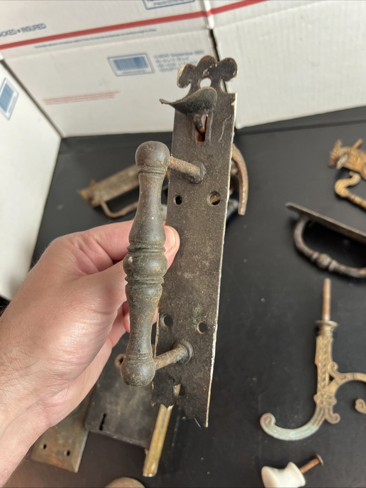 Antique Lot of Salvage Hardware For Doors Cabinets Thumb Latch Knobs Pulls
