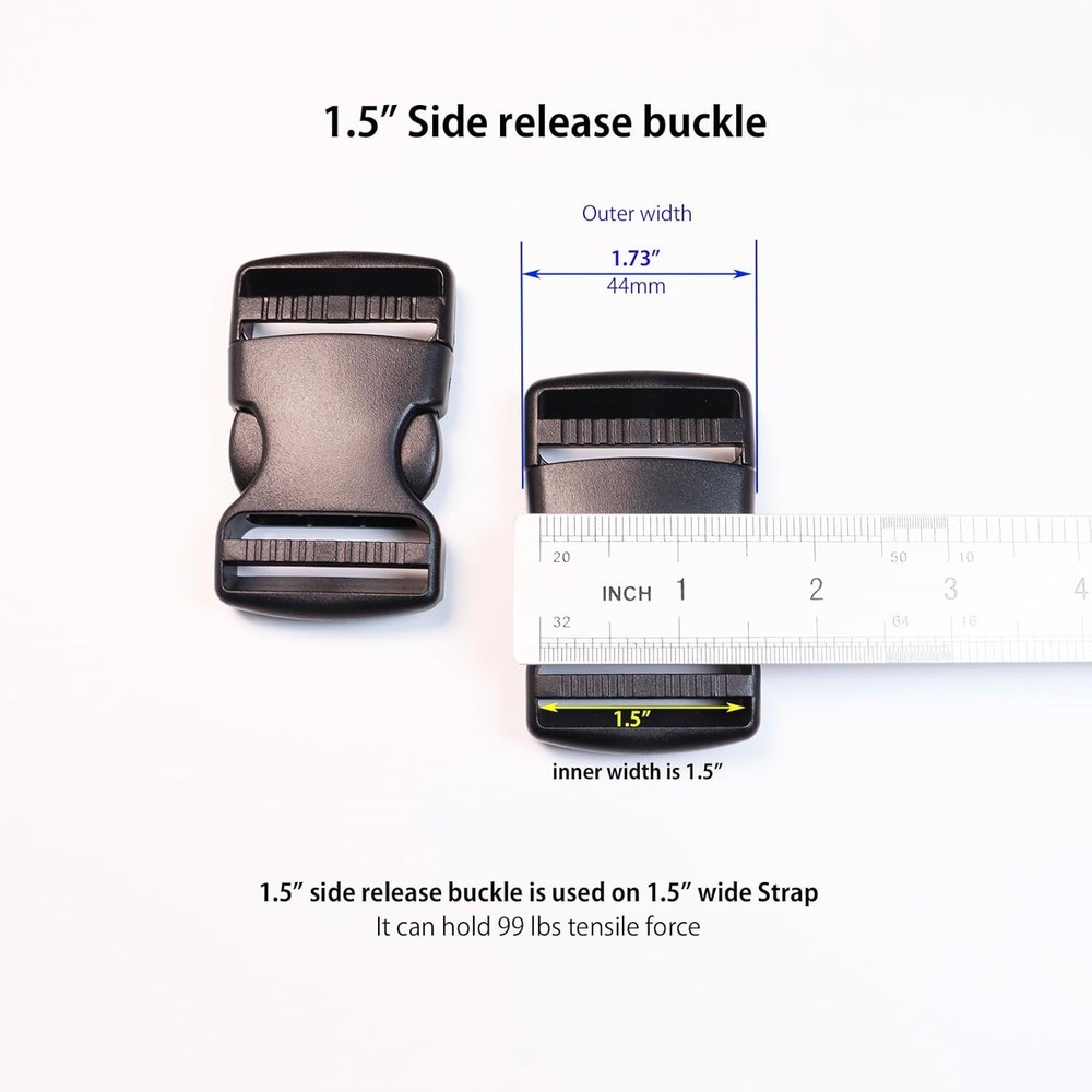 Quick Release 1.5 Inch Adjustable Buckles - Durable Plastic Strap Clips, 2 Pack