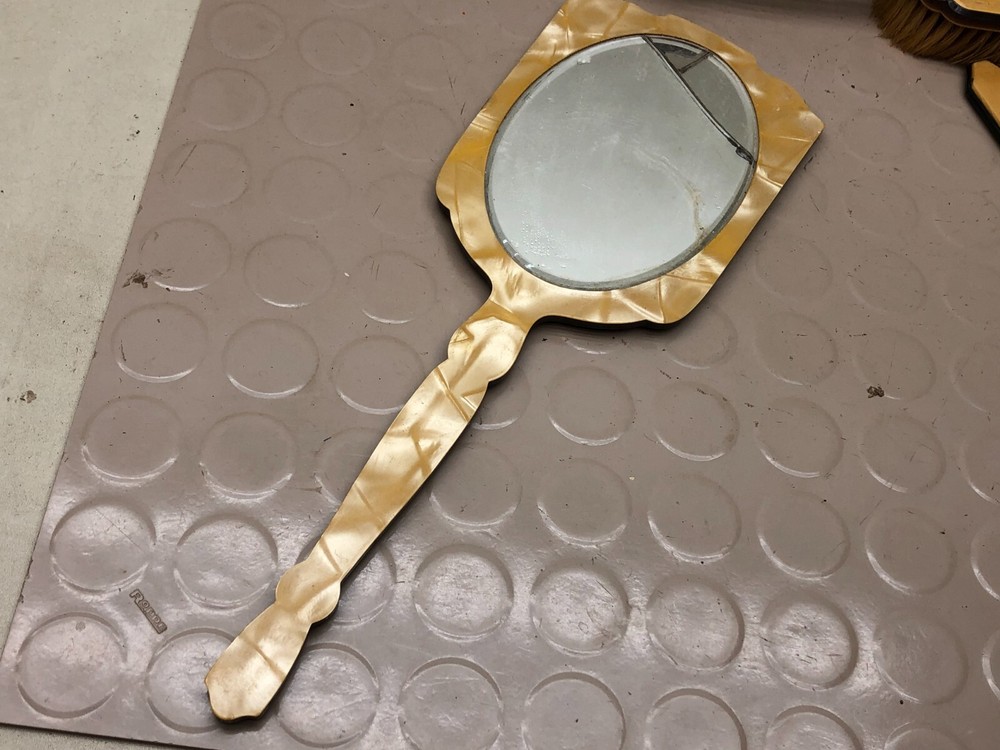 Vintage Gold Marble Bakelite Vanity Set Mirror Brush Hook