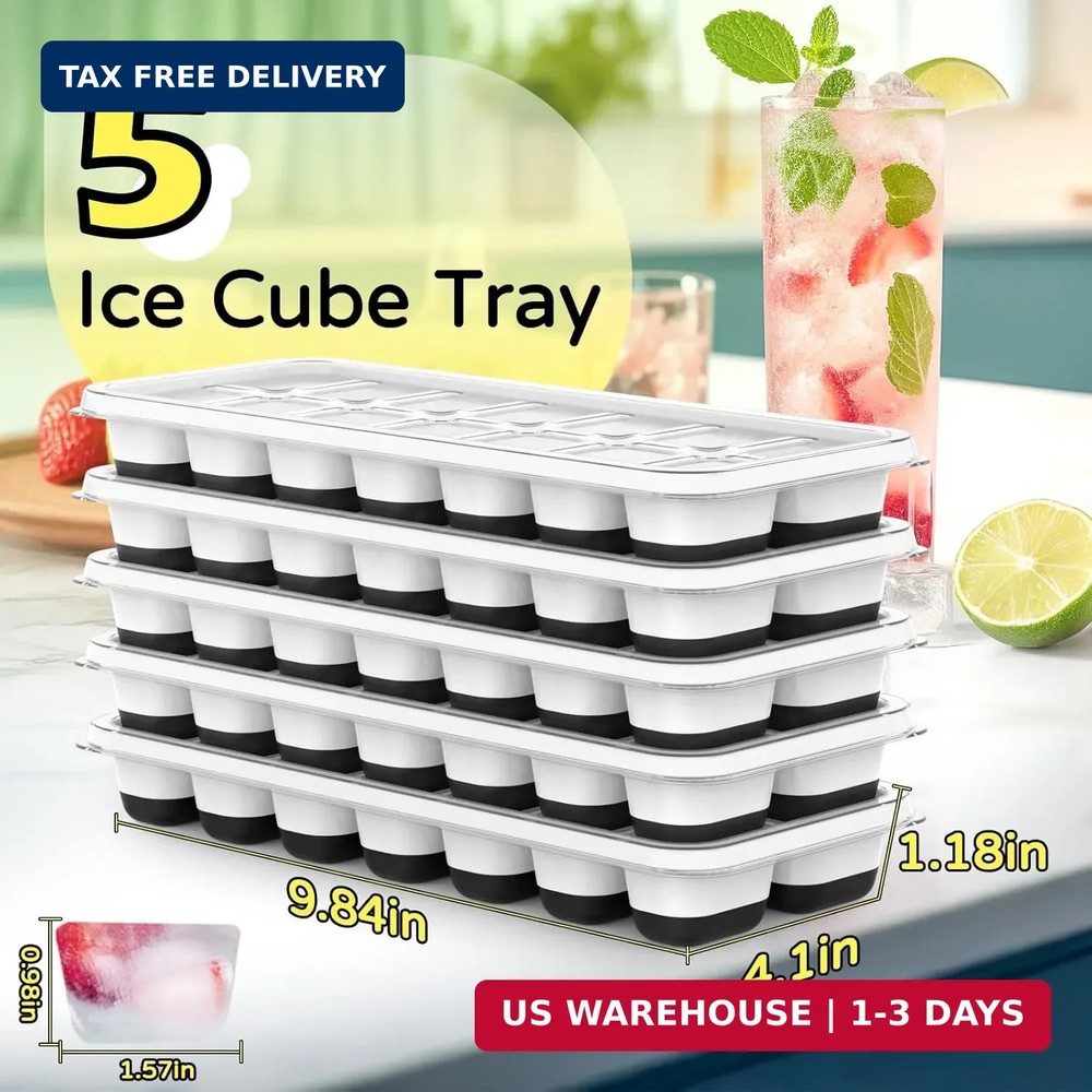 Ice Cube Tray 5 Pack Stackable Silicone Trays Easy Release Reusable BPA-Free