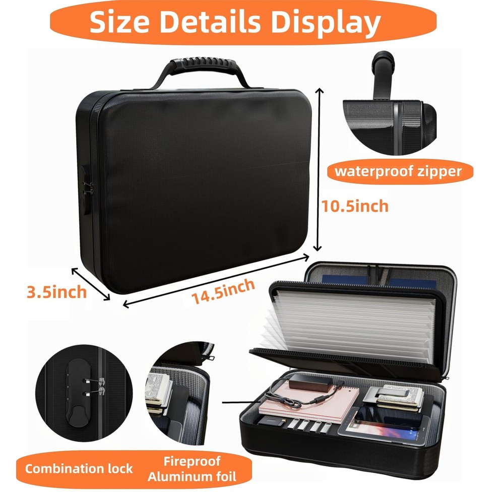 Fireproof Document Organizer (Soft-Shell) with Lock, Capacity Waterproof Fire...