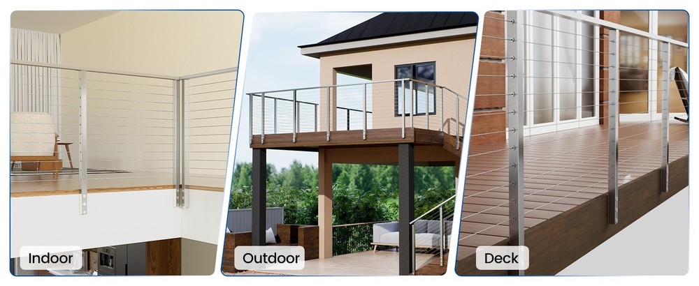 42" Side Mount Cable Railing Post Level Drilled Space-Saving Brushed Stainless