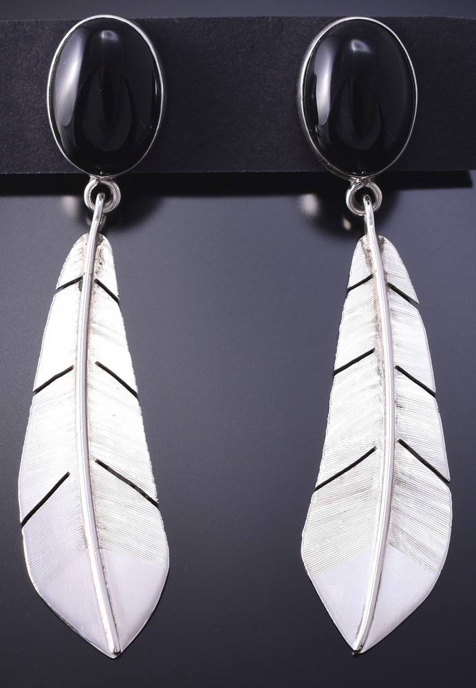 Silver & Onyx Navajo Handmade Eagle Feather Earrings 4K07A