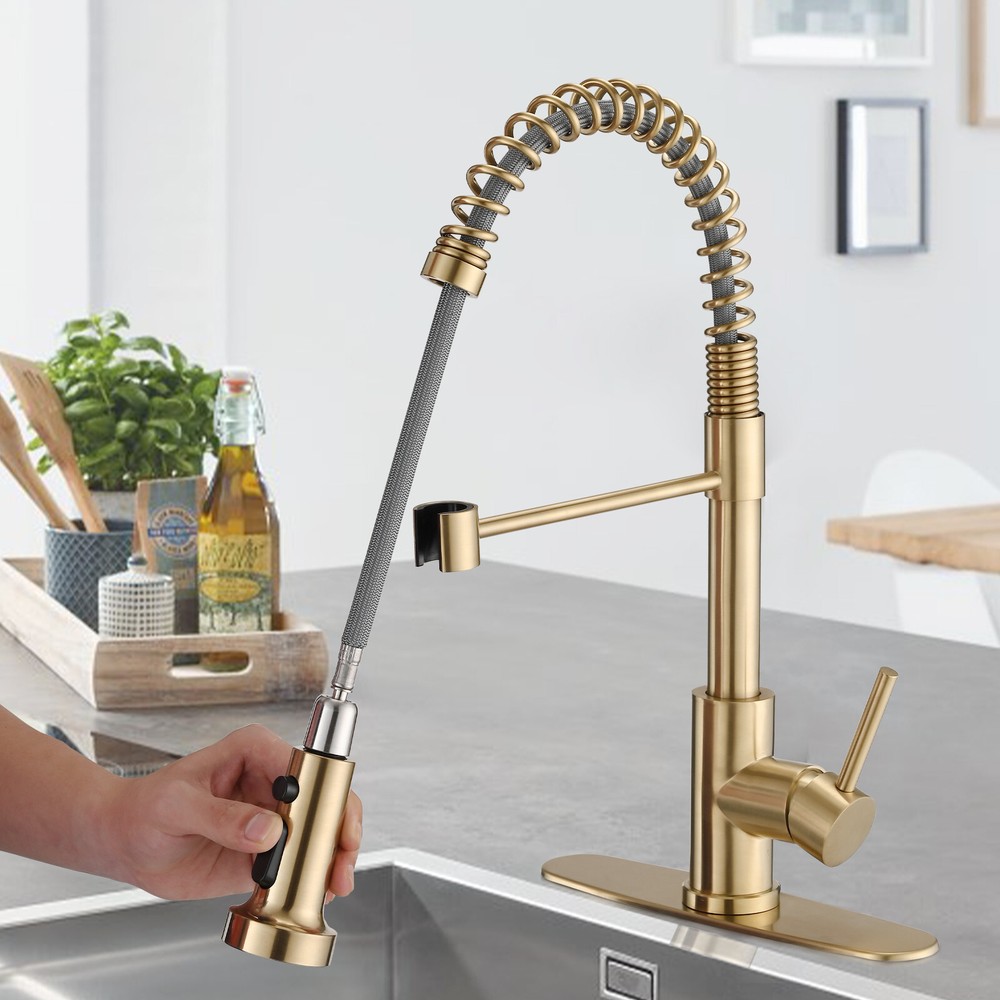 RENIST Brushed Gold Pull Down Single Handle Spring Kitchen Sink Faucet