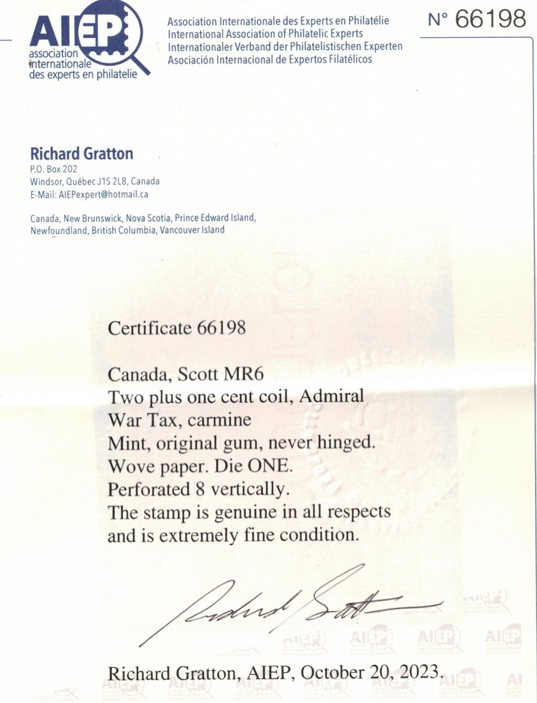 Canada #MR6 Extra Fine Never Hinged Gem **With Certificate**