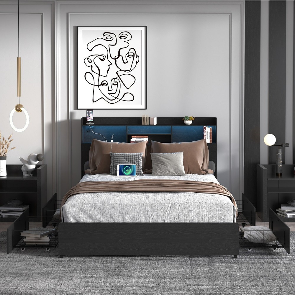 Full/Queen Size Platform Bed Frame w/ LED Lights & Storage Headboard & 4 Drawer
