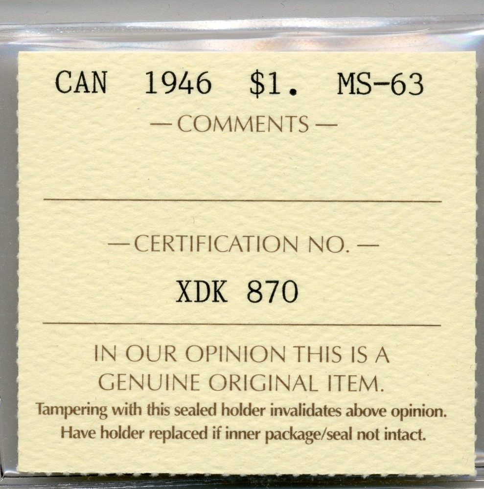 1946 Canada $1, Choice Uncirculated, ICCS MS63