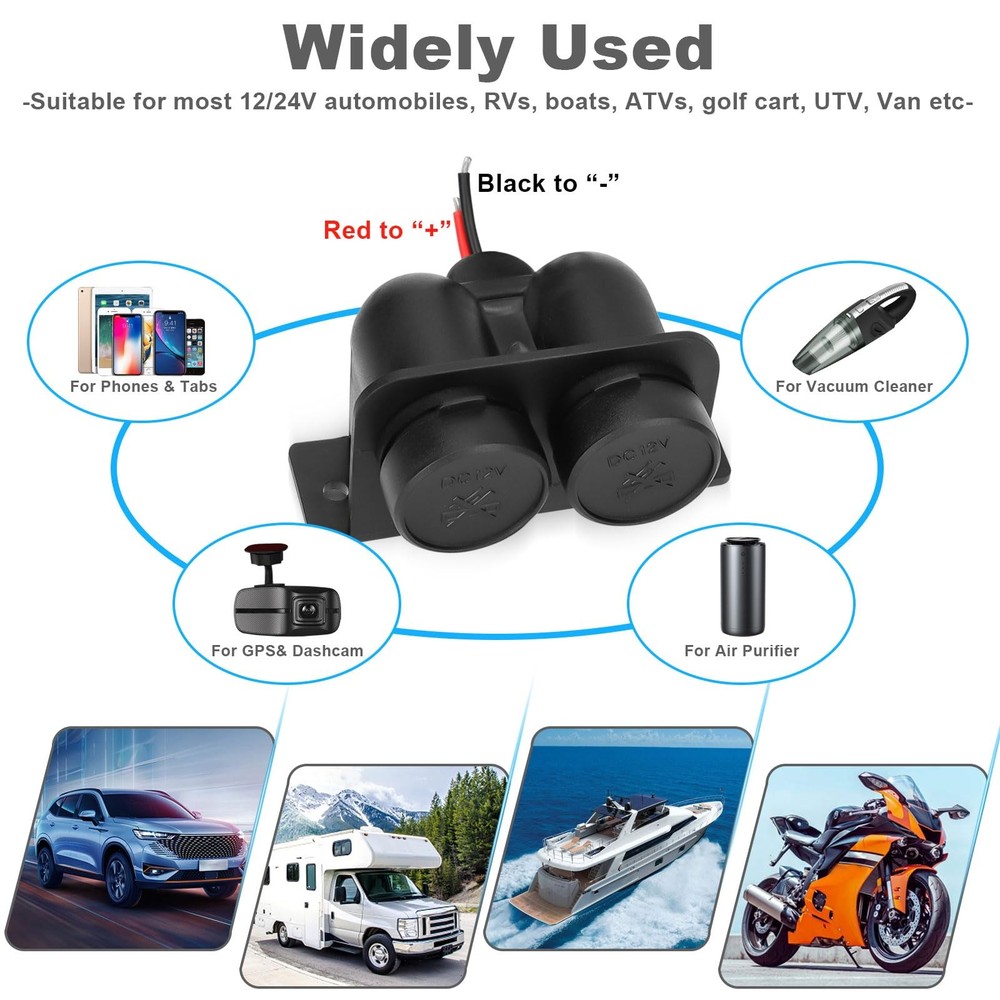 1PCS Cigarette Lighter Socket with Blade Fuse, 2-Socket Black-1P