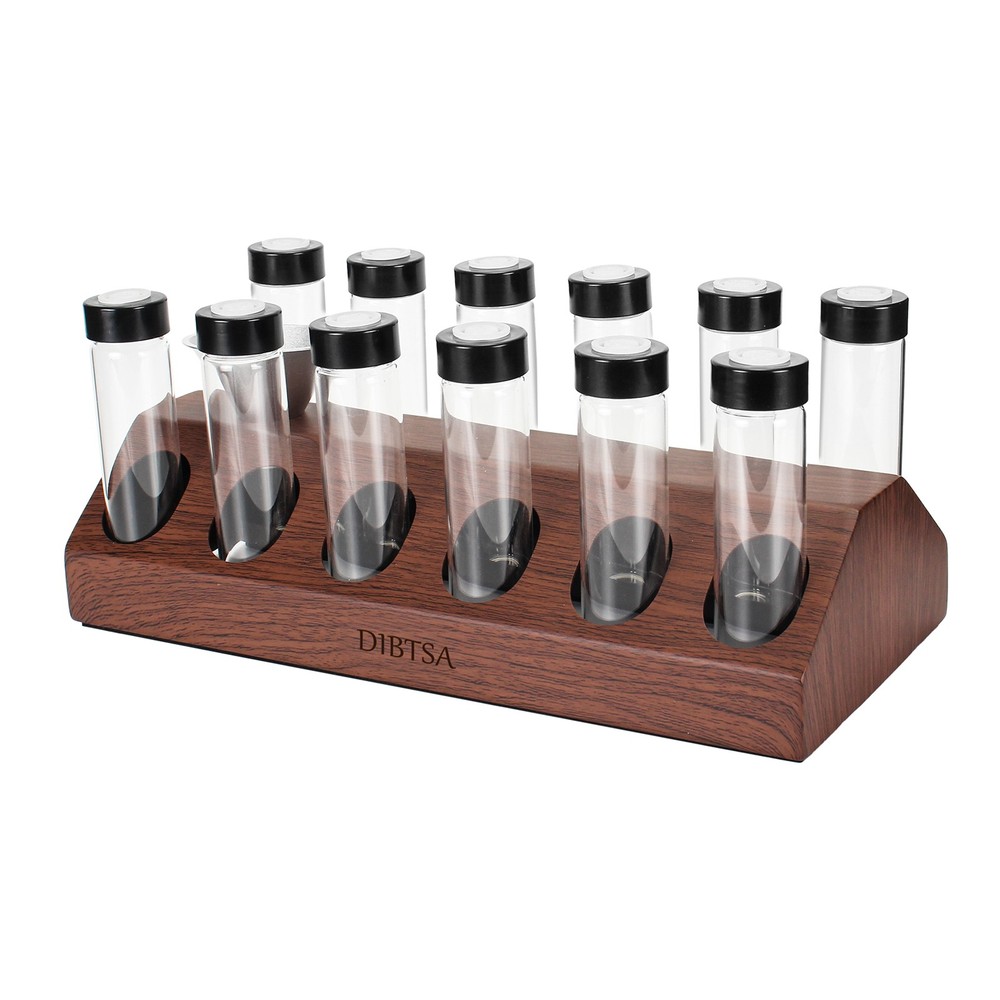 12 Single Dose Coffee Bean Storage Tubes Containers Exhaust Valves Display Base