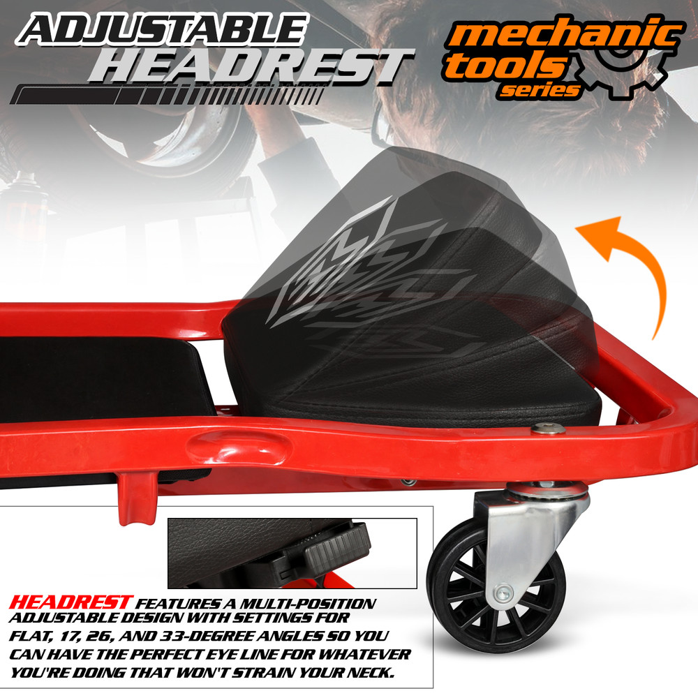 [ADJUSTABLE HEADREST+HANDLE]Rolling Padded Low Profile Creeper Garage Car Repair
