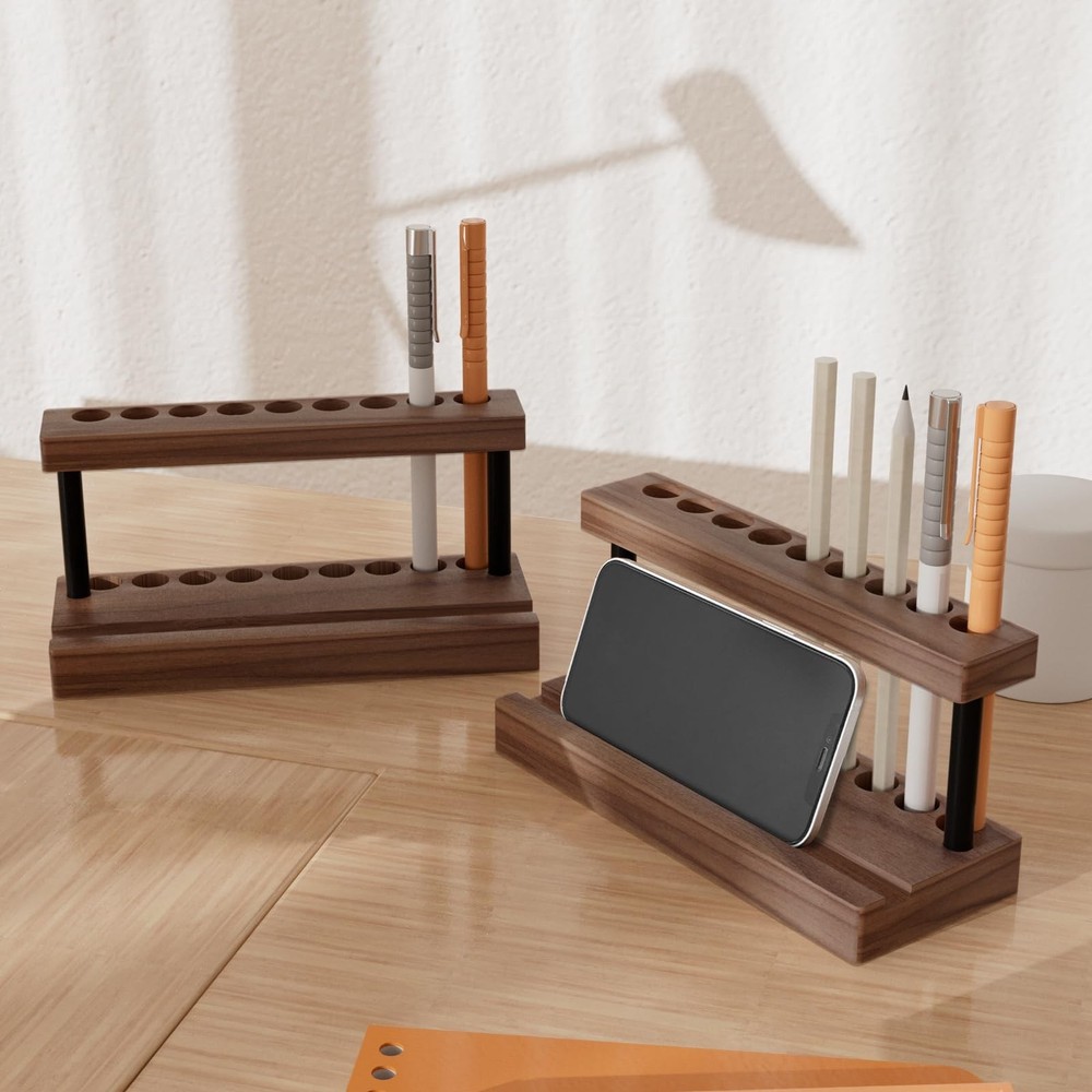 Pencil & Pen Holder for Desk, Solid Walnut Pen Display Stand with 9 Slots and...