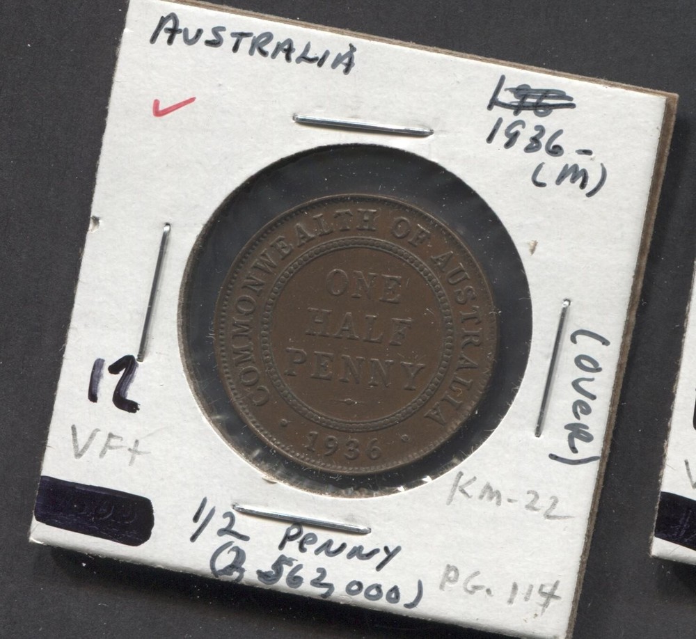 1936(M)-Australia-VF+-KM-22-1/2 Penny