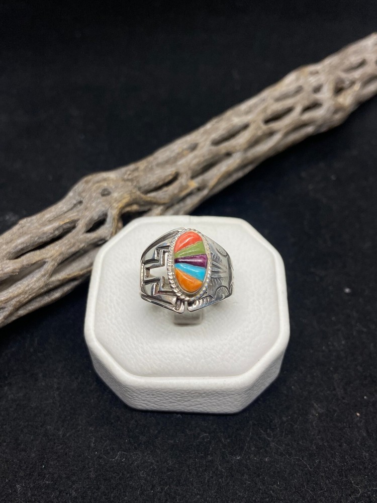 Navajo inlay multicolor / multi stone Sterling Silver adjustable Ring Size 8.5