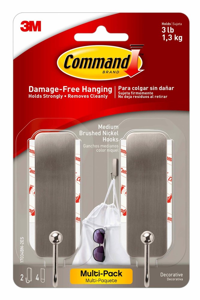 Command Medium Brushed Nickel Wall Hooks, 2 Coat Hooks and 4 Command Strips,