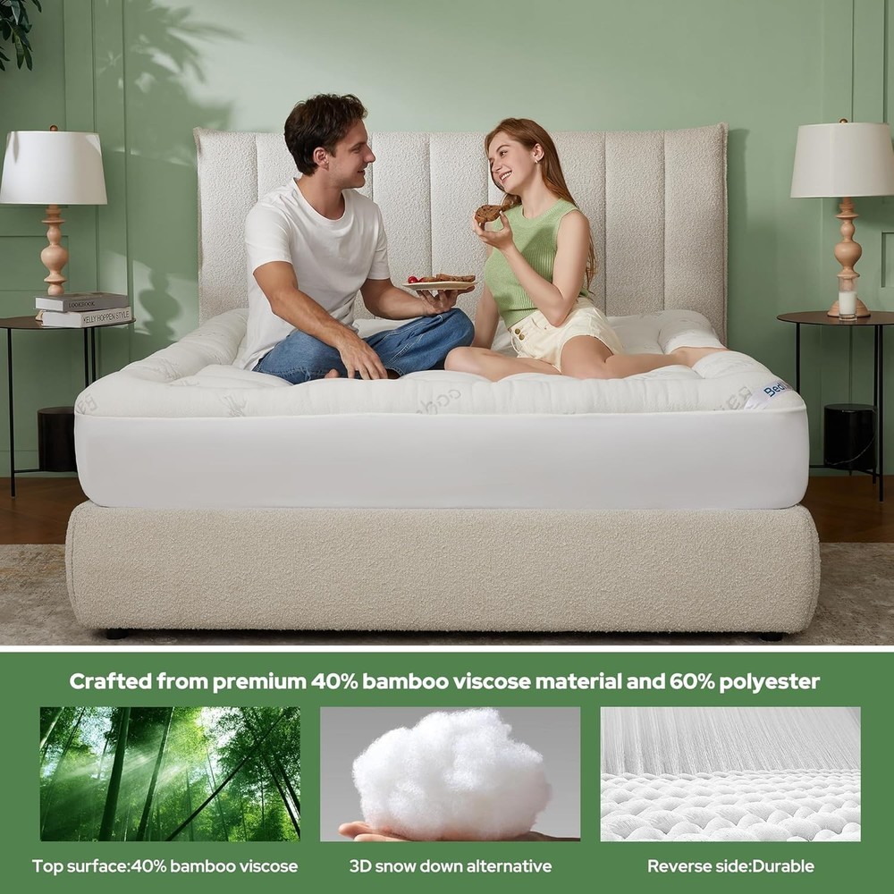 Soft Bamboo Mattress Pad - Stretchable Pockets - Queen Size