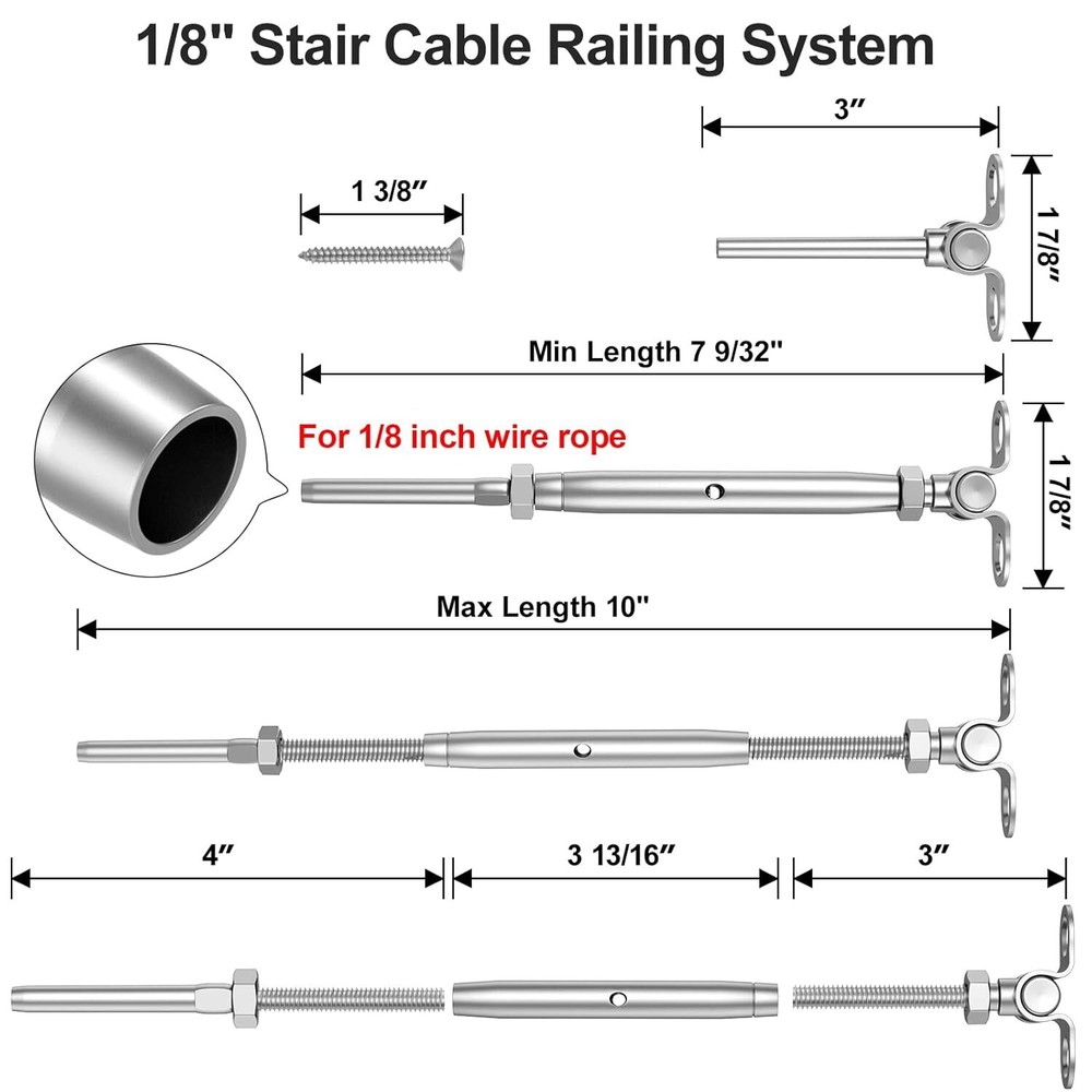 1/8"Cable Railing Kit Swage Toggle Turnbuckle Hardware Adjustable Angle 15 Pairs