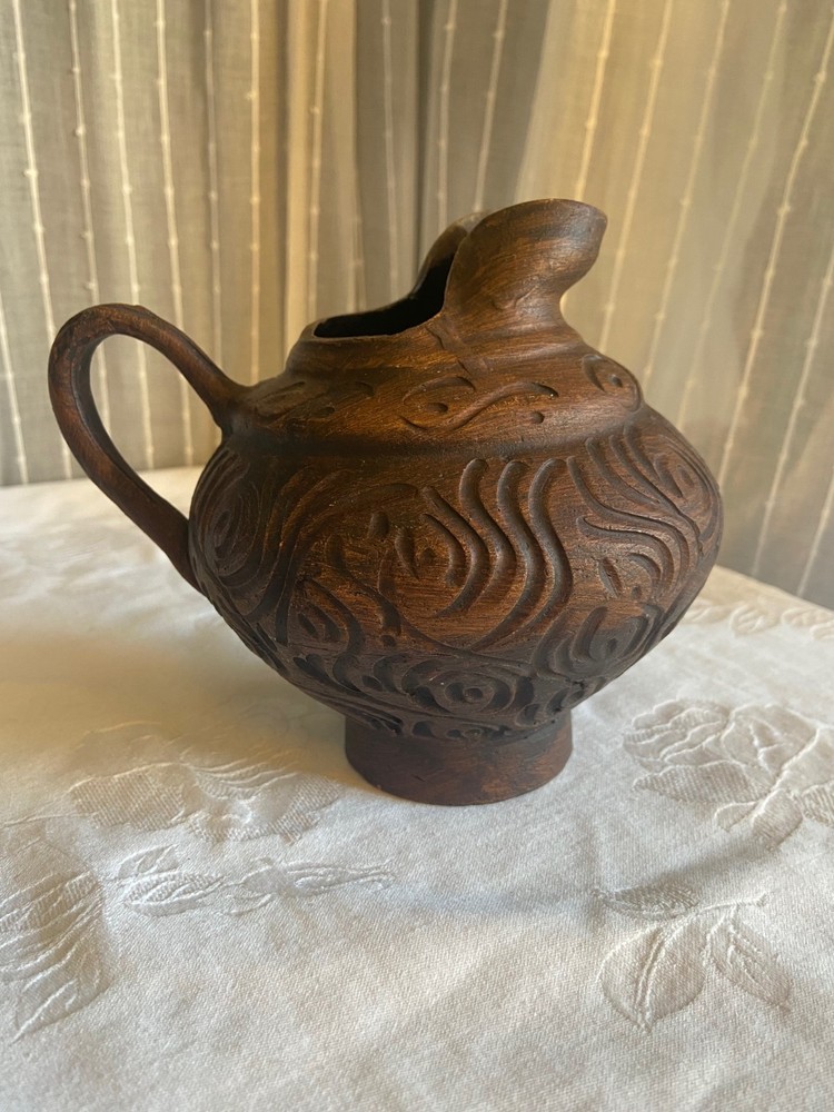 Clay Carved Small Pitcher from China Scrollwork Design 6 inches high