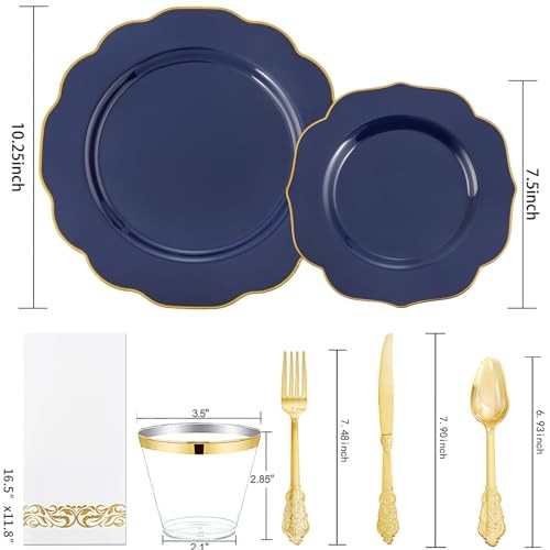 175PCS Plastic Plates with Disposable Silverware - Include 50 175 Pieces Blue