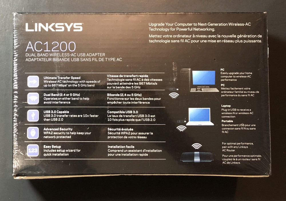 Linksys Dual Band Wireless-AC USB Adapter AC1200 NEW