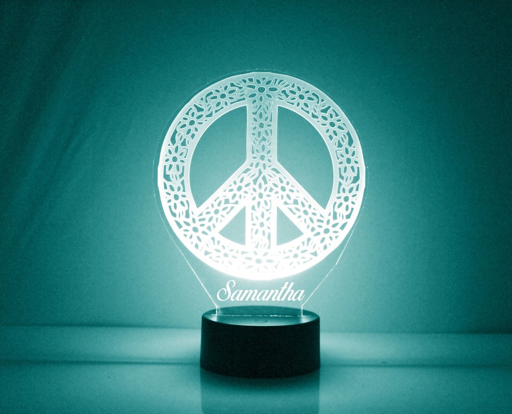 Peace Sign Personalized Night Lamp - FREE Engraved Name - LED Night Light
