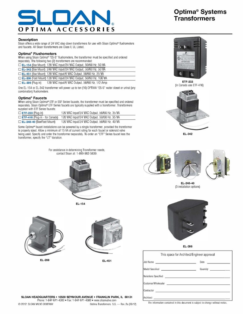 Sloan Optima Transformer Model EL248-40
