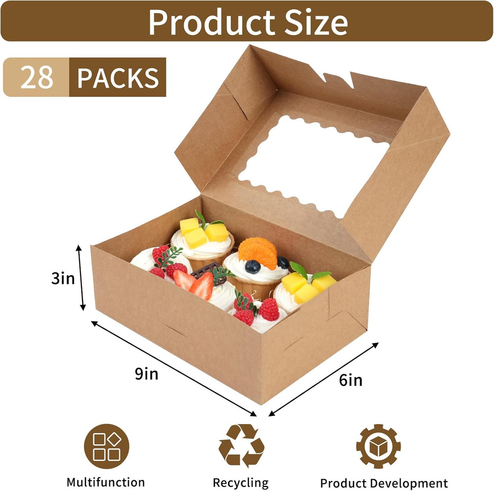 28Pcs Cookie Boxes with Window 9X6X3 In Brown Bakery Boxes Pastry Containers for
