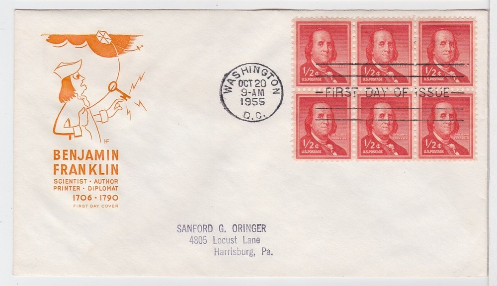 TurtlesTradingPost- Benjamin Franklin 1/2c -  #1030- 1955 FDC Farnam Cachet