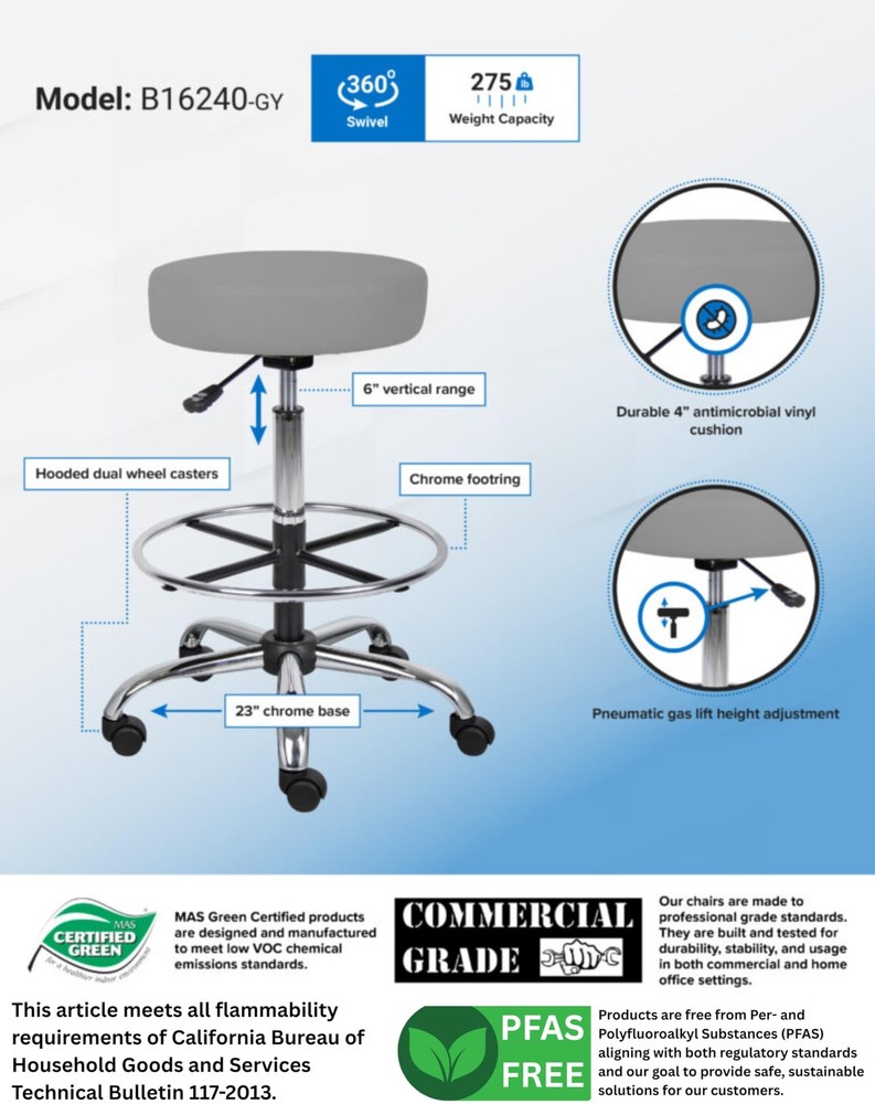 Boss Office Products 16" Adjustable Grey Drafting Stool