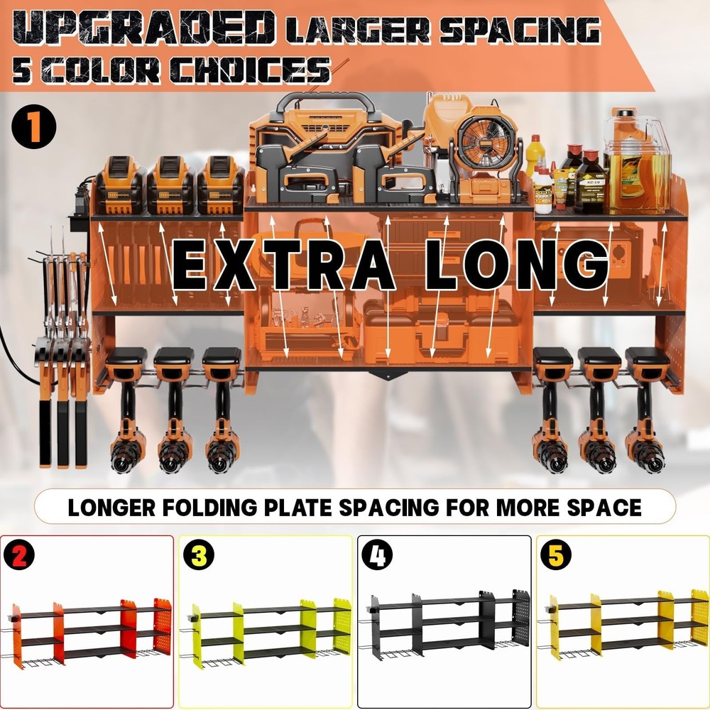 45" Large Power Tool Organizer Wall Mount with Charging Station - 3 Layer Sto...