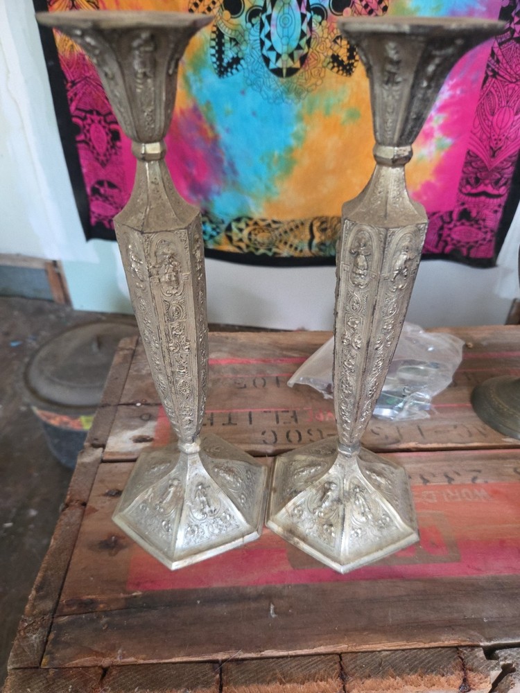 Antique Persian Bronze, Copper And Silver XIX Candlestick Holder