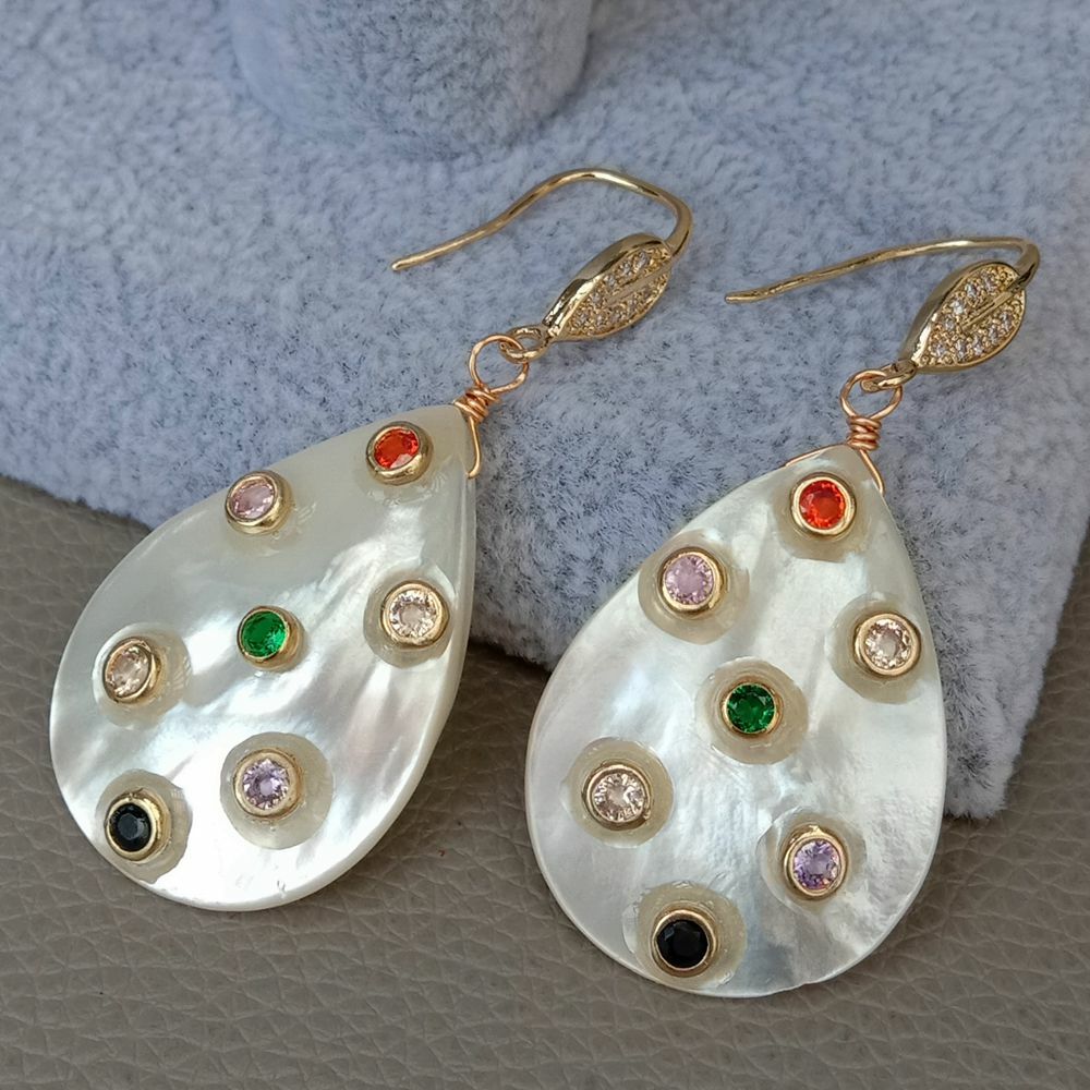 Teardrop White Shell Mop Trimmed With Multi Color Cz Dangle Hook Earrings