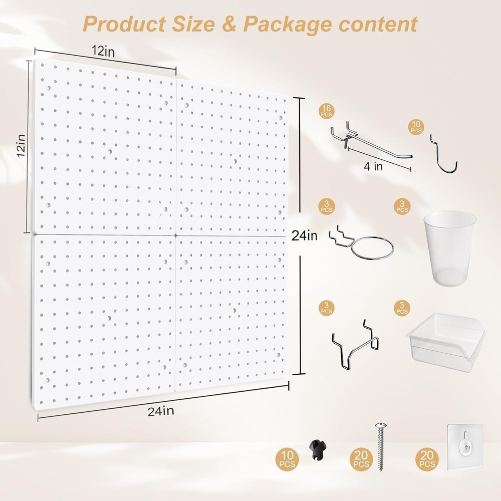 Heavy Duty Pegboard Organizer Kit - 4 White Panels, 32 Hooks, 200 lbs Capacity