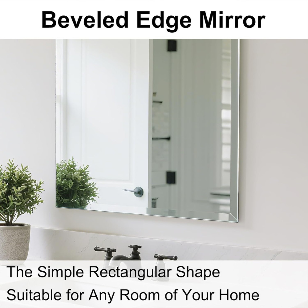 Frameless Bathroom Mirror for Wall, Rectangle Beveled Edge Mirror for over Sink,