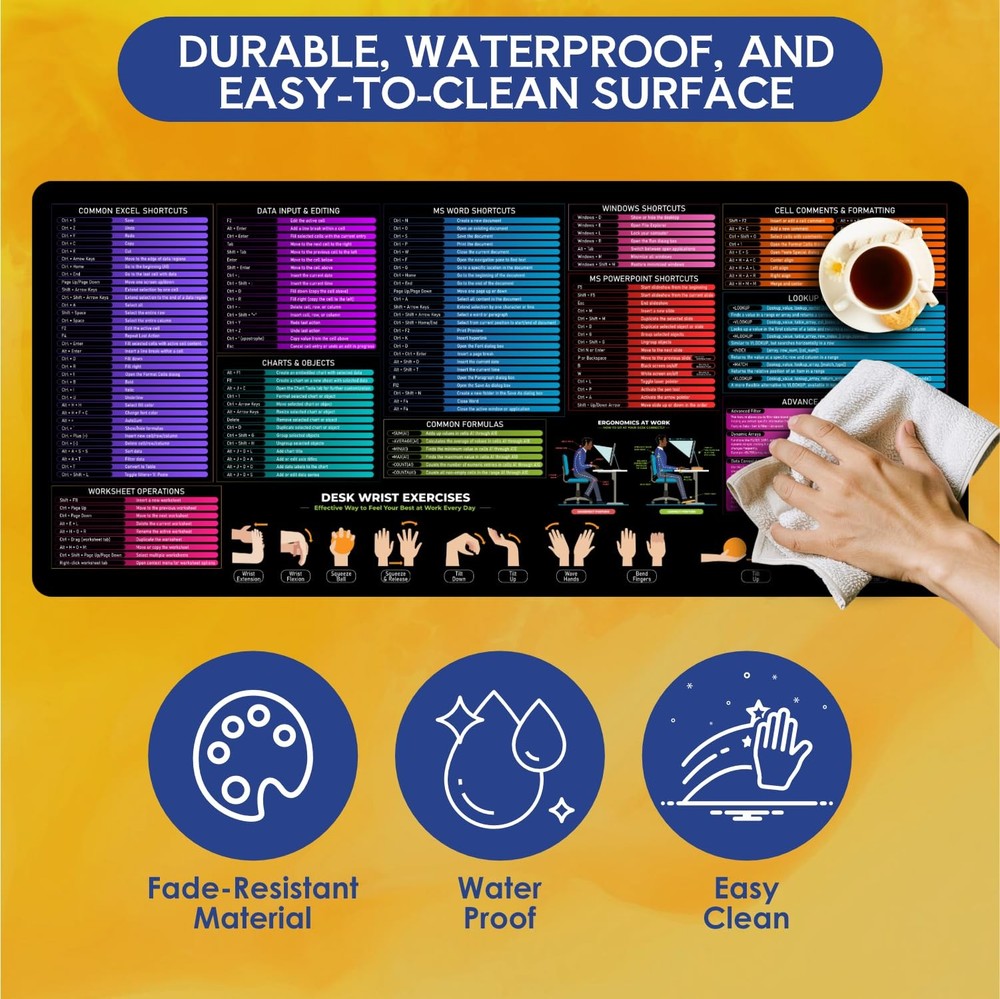 Excel Cheat Sheet Desk Pad, 35"x15.7", Waterproof Extra Large Excel Shortcut Mat