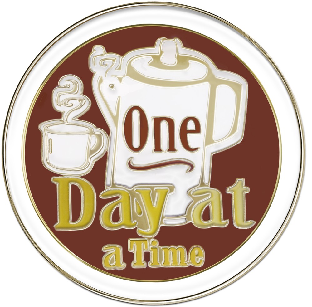 ONE DAY AT A TIME COFFEE POT 12 Step Recovery Program Enameled Medallion