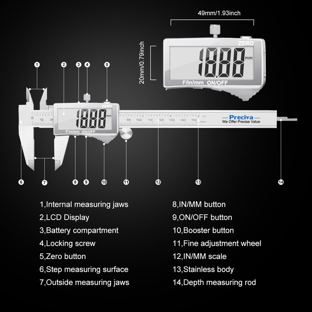 Digital Caliper, Electronic Stainless Steel Caliper Measuring Tool, Micromete...